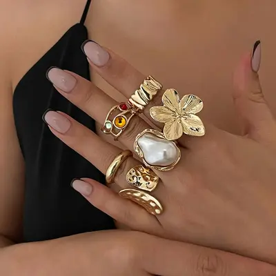 European and American cross-border design liquid lava flower open ring ins baroque imitation pearl inlay gemstone ring - 7