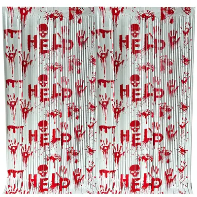 Halloween Horror Rain Tassel Door Curtain 1x2 m with Bloody Handprint HELP