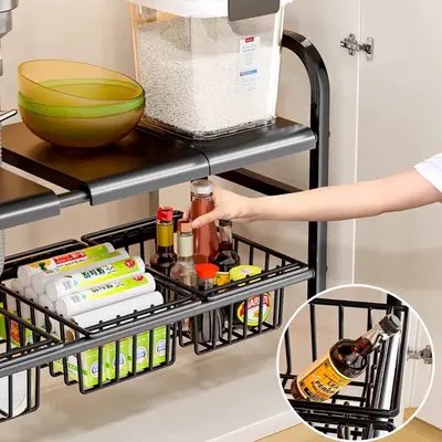 Tiered expandable under-sink cabinet organizer, carbon steel - 5