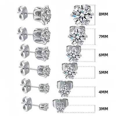 Stainless Steel Stud Earrings, Six-Claw, Zirconia Crown - 7
