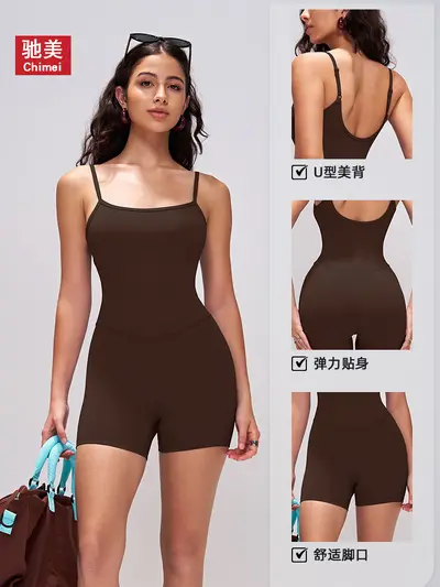 Dar askılı arkası açık kadın yoga tulumu, slim fit spor tek parça - 4