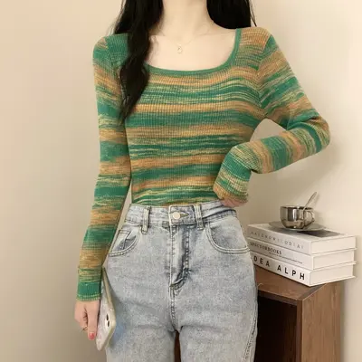 Women's Square Neck Long Sleeve Knit Base Top, Contrast Stripe, Korean Style - 5