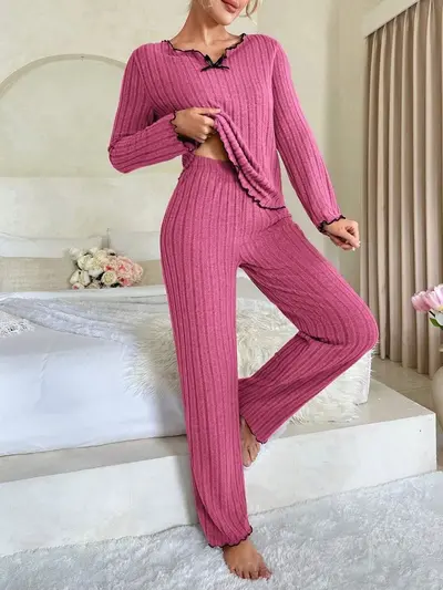 Kadın siyah kenarlı örgülü rahat ev takımı pijama takımı - 9