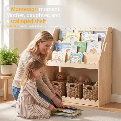 Grenzüberschreitender Kinder-Fächerregal, vierschichtiges Montessori-Kleinkind-Holzregal