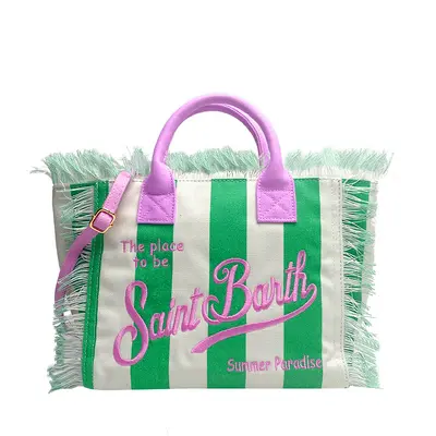 Beach Canvas Tote Bag with Tassel Embroidery, Women's Crossbody