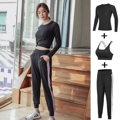 2024秋季运动服套装女款透气速干瑜伽服三件套长袖哈伦裤健身服女