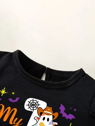 Halloween Girls Dress with Flying Sleeves, Black and Purple Knit Ghost Bat Print