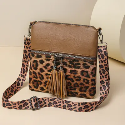 Women's Leopard Print Textured Crossbody Shoulder Bag, Color Block - 8