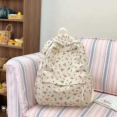 Small Floral Print Corduroy Backpack, Lightweight School Bag for Students - 7