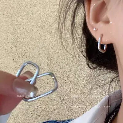 925 Silver Needle Retro Metal Earrings, Geometric Plain Hoop, Women - 11