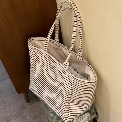Korean Style High-Appearance Striped Canvas Tote Bag Large Capacity New Model Commute Handbag Single Shoulder Bag Women Shopping Bag