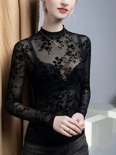 Sexy Damen-Spitzenbluse mit Stehkragen, transparenter Netzstoff, schmal geschnitten