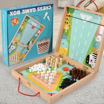 4-in-1-Brettspiel aus Buchenholz, doppelseitig, mit Schach, Go, Bowling