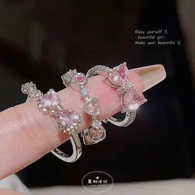 Tatlı Zarif Pembe Zirkon Kelebek Yüzük Açılı Ayarlanabilir İşaret Parmağı Yüzüğü Koreli Hafif Lüks Niş Yüzük