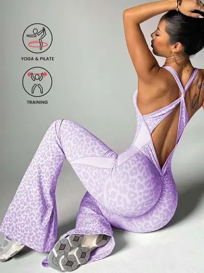 Leopard Print Cross Back Flared One-Piece Yoga Jumpsuit for Women - 12