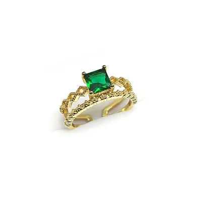 Retro Chinese Style Women's Ring, Square Sapphire, 24K Gold Plated, Red Diamond