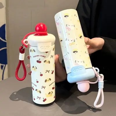 304 Paslanmaz Çelik Termos Bardak, Taşıma Iplikli ve Pipetli, Karikatür Desenli - 1
