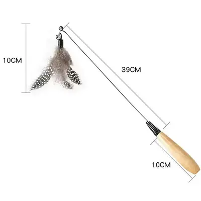 Wooden Handle Cat Teaser Wand with Feather and Bell, Replaceable Heads - 7
