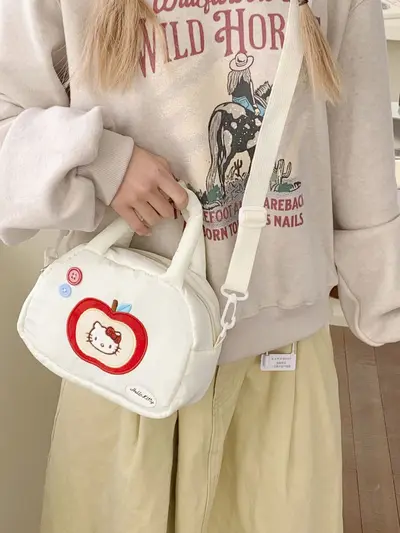 Women's Handbag with Apple Embroidery and Cat Design Portable Casual Shoulder Bag - 6