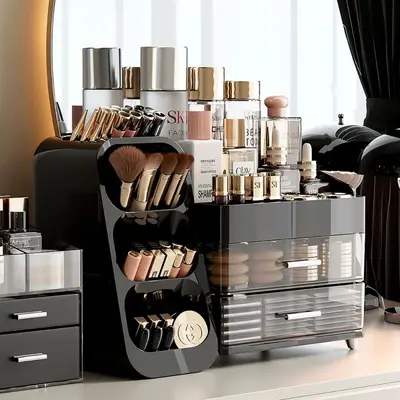 Desktop cosmetics organizer box, multi-layer, vanity makeup station - 3