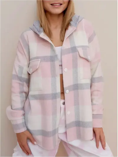 Women's Hooded Plaid Cardigan Jacket, Long Sleeve