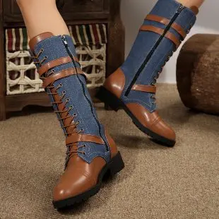 Women's Long Knight Boots with Buckle, Round Toe, Chunky Heel, Plus Size - 8