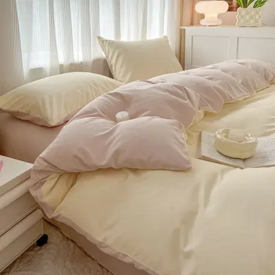 Manufacturer wholesale solid color washed cotton four-piece set plain brushed bedding set ins style sheet duvet cover three-piece set 3 - 8