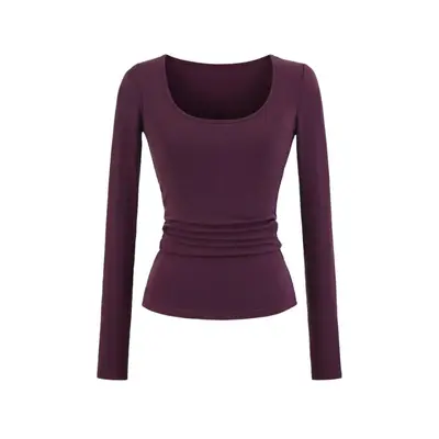 Women's U-Neck Long Sleeve Stretch Base Top, Solid Colour