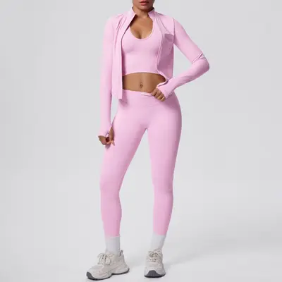 Seamless Solid Color Yoga Set, 3-Piece, Breathable, High Stretch - 3