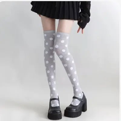 Retro Polka Dot Printed Calf Socks Gray Mid-Calf