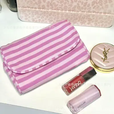 Pink Striped Mirror Cosmetic Bag, Large Capacity, Portable 3D Storage