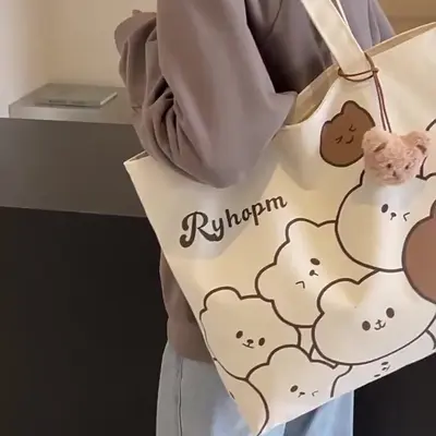 İşe gidip gelmek için fermuarlı çanta, Japon çizgi film tarzı, büyük kapasiteli öğrenci çantası, çok yönlü kanvas çanta, el çantası.