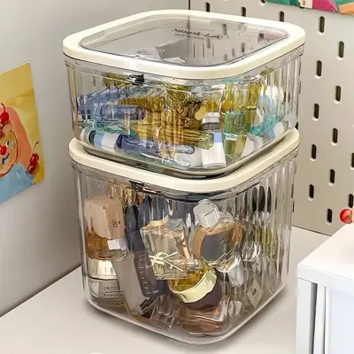 粉扑收纳盒桌面化妆品亚克力次抛口红护肤迷你翻盖杂物透明置物架 - 3