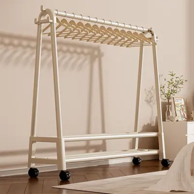Bedroom Coat Rack Floor-Standing Household Cream Style Mobile Clothes Hanger Stand Wrought Iron Space-Saving Clothing Storage Rack Thickened