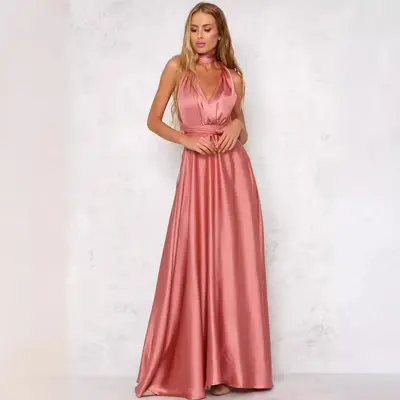 Women's Satin Long Evening Dress, Deep V-Neck, Solid Color, Summer - 11