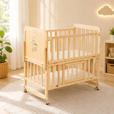 Solid Pine Wood Unpainted Baby Cradle, Multifunctional, Extendable Bed - 7