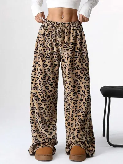 Leopard Print Long Wide-Leg Casual Pants - 12