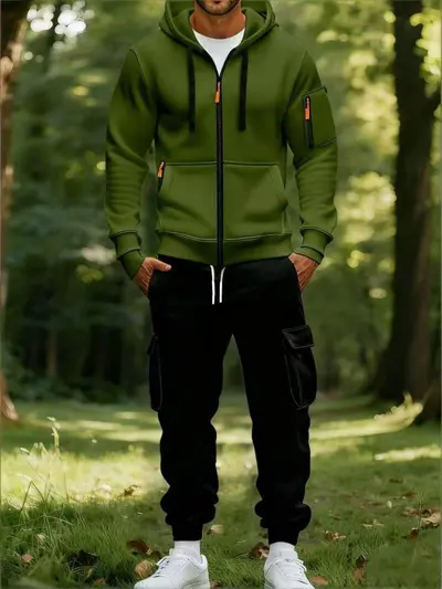 Men's Hooded Sweatshirt Set, Two-Piece, Multi-Pocket - 8