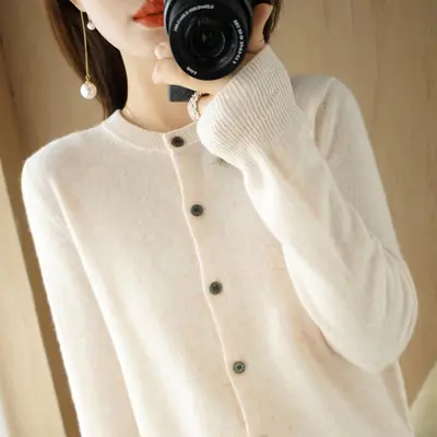 Women's OL Style Elegant Long-Sleeve Round Neck Straight-Cut Knit Cardigan Sweater - 10