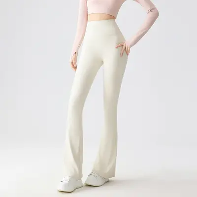 White Micro Flare Yoga Pants, High-Waist Tummy Control, Thin Slim Fit - 9