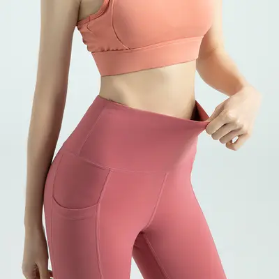 Double-Sided Nylon Yoga Pants with Side Pockets, Peach Fit 7/8 Length, High Waist