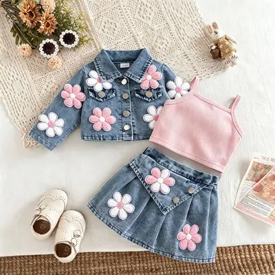 Girls' Three-Piece Set, Washed Denim Jacket, Strap Top and Pleated Denim Skirt - 2