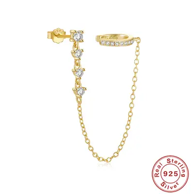 S925 Sterling Silver Single-Row Stone Non-Pierced Ear Clip with Tassel