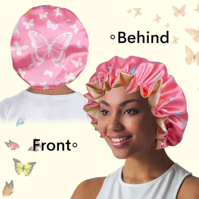 Double-Layer Satin Butterfly Print Hair Bonnet - 8