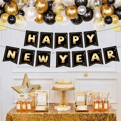 Black and Gold New Year Party Decoration Set with Tablecloth, Banner, Pull Flags and Ballo - 2