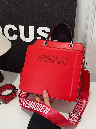 Small Square Handbag with Letter Print and Shoulder Strap - 6