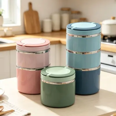 Stainless Steel Lunch Box, Single, Double and Triple Layer, Sealed, Double Handles