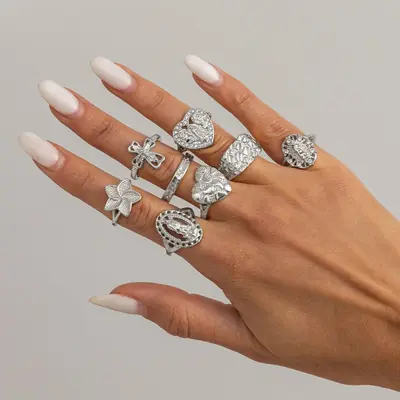 Rhinestone Crown Figure Ring Set, Retro Cross Knuckle Ring - 8