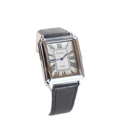 Men's wristwatch with leather strap, square dial, Roman numerals, quartz movement