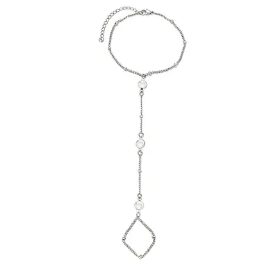 Women's Zircon Ring Connected Long Bracelet, Stainless Steel, Mini Beads - 7